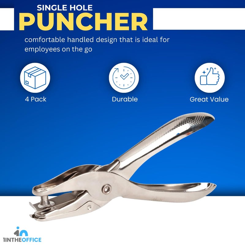 1InTheOffice Single Hole Punch, Heavy Duty Metal Hole Puncher for Paper, 1/4" Handheld Paper Punch â€“ 4 Pack - Image 2